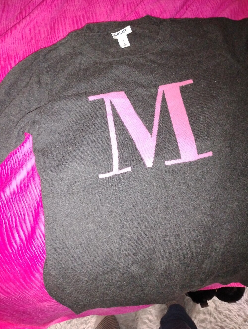 Old Navy Black Sweater with Pink 'M' Graphic
